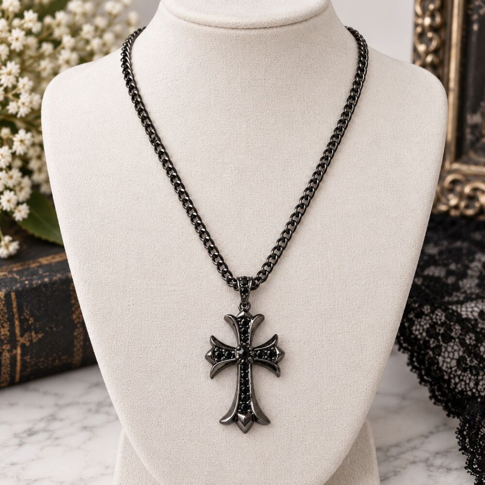 Gunmetal Black Rhinestone Cross Pendant Necklace Gothic Statement 22"